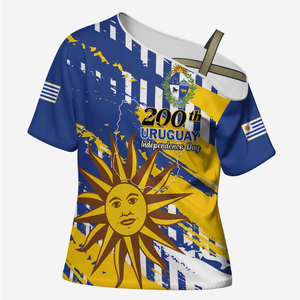 Personalized Uruguay 200th Independence Day Cross Shoulder Shirt Sol de Mayo Grunge Stylized - Wonder Print Shop