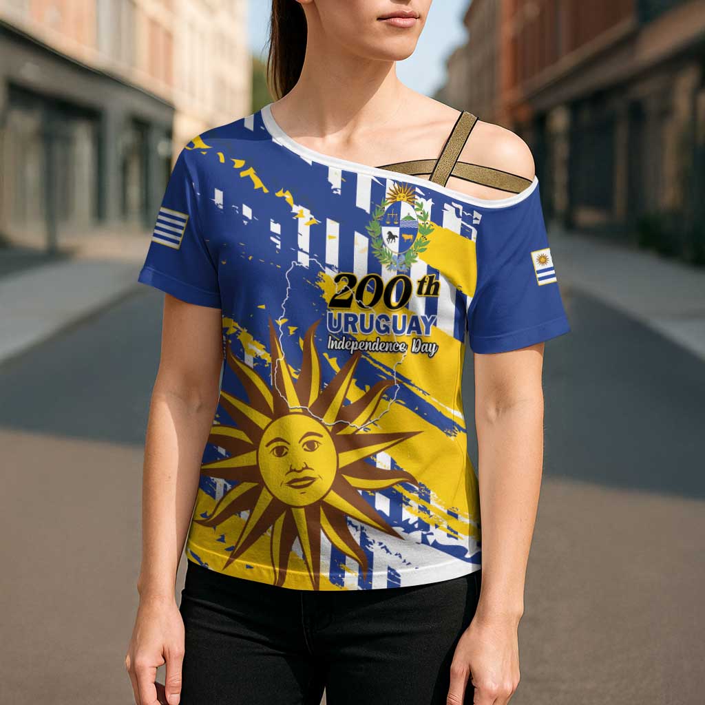 Personalized Uruguay 200th Independence Day Cross Shoulder Shirt Sol de Mayo Grunge Stylized - Wonder Print Shop