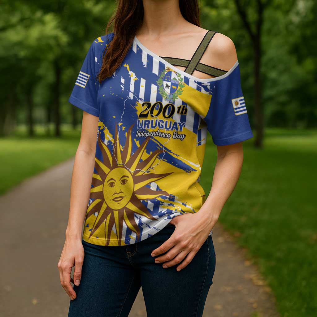 Personalized Uruguay 200th Independence Day Cross Shoulder Shirt Sol de Mayo Grunge Stylized - Wonder Print Shop