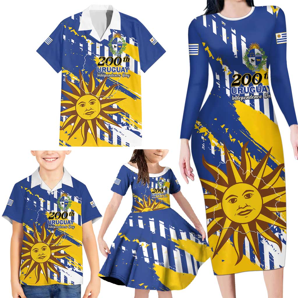 Personalized Uruguay 200th Independence Day Family Matching Long Sleeve Bodycon Dress and Hawaiian Shirt Sol de Mayo Grunge Stylized - Wonder Print Shop