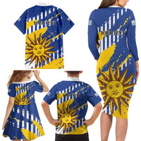 Personalized Uruguay 200th Independence Day Family Matching Long Sleeve Bodycon Dress and Hawaiian Shirt Sol de Mayo Grunge Stylized - Wonder Print Shop