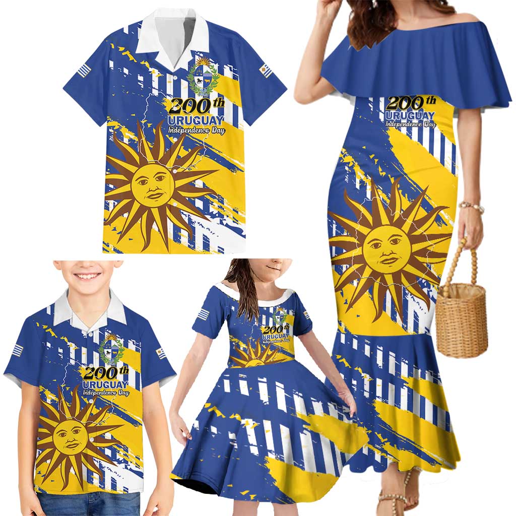 Personalized Uruguay 200th Independence Day Family Matching Mermaid Dress and Hawaiian Shirt Sol de Mayo Grunge Stylized - Wonder Print Shop