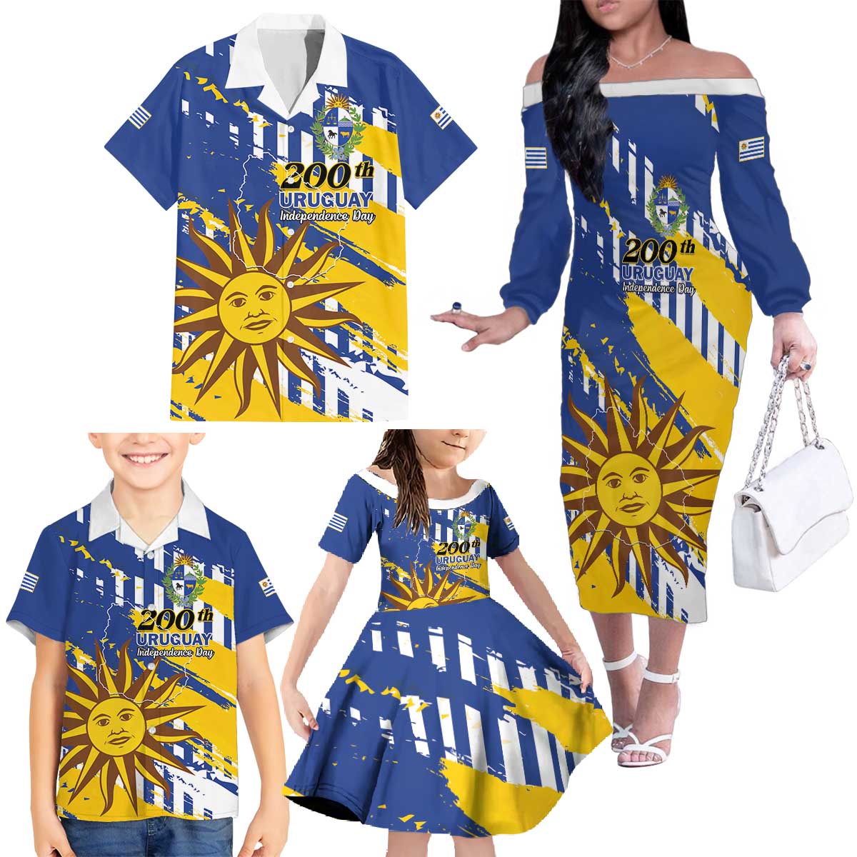 Personalized Uruguay 200th Independence Day Family Matching Off The Shoulder Long Sleeve Dress and Hawaiian Shirt Sol de Mayo Grunge Stylized - Wonder Print Shop