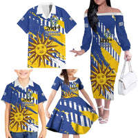 Personalized Uruguay 200th Independence Day Family Matching Off The Shoulder Long Sleeve Dress and Hawaiian Shirt Sol de Mayo Grunge Stylized - Wonder Print Shop