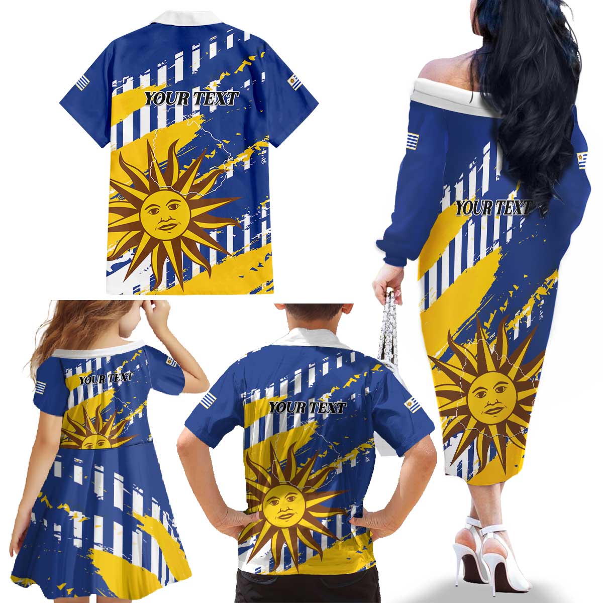 Personalized Uruguay 200th Independence Day Family Matching Off The Shoulder Long Sleeve Dress and Hawaiian Shirt Sol de Mayo Grunge Stylized - Wonder Print Shop