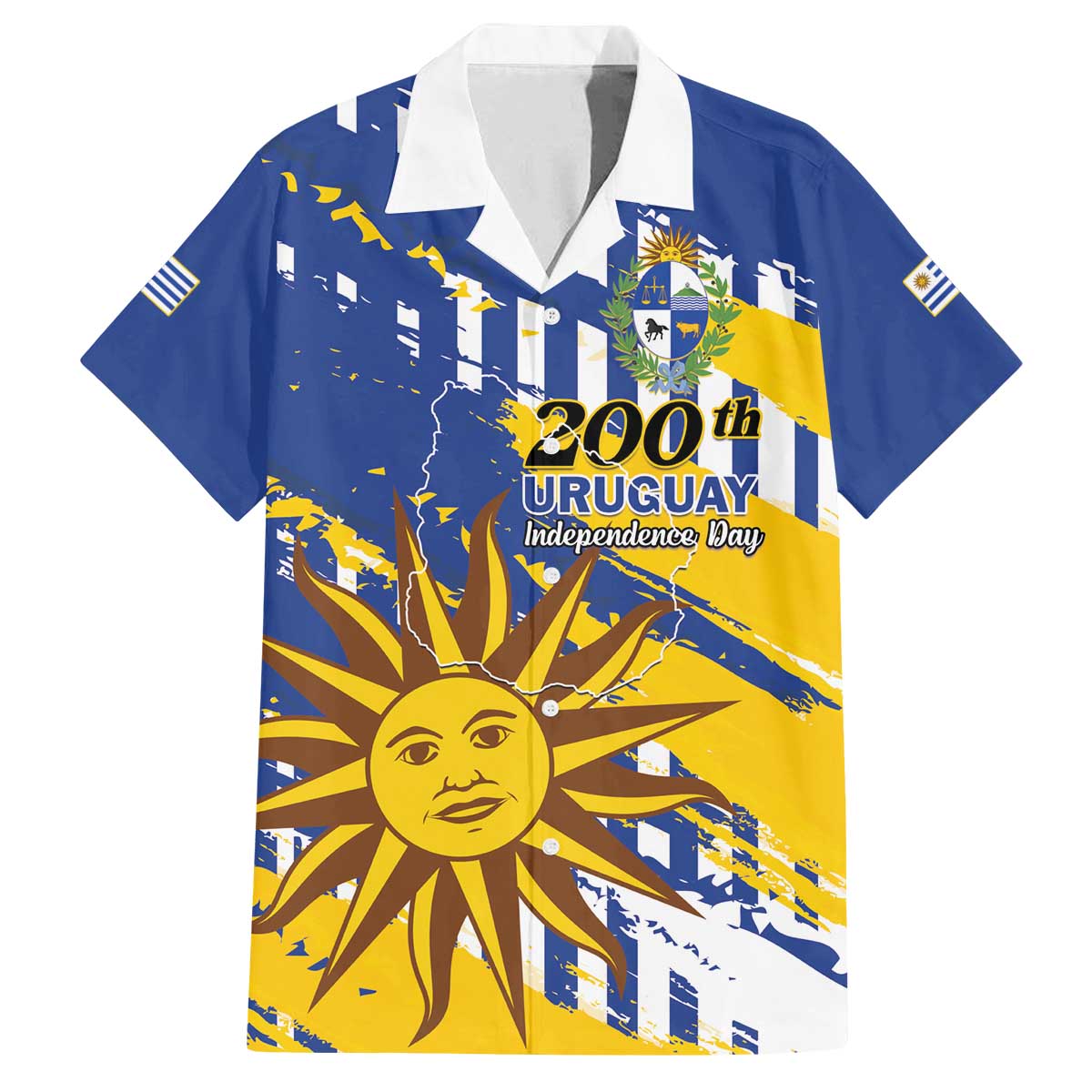 Personalized Uruguay 200th Independence Day Family Matching Off The Shoulder Long Sleeve Dress and Hawaiian Shirt Sol de Mayo Grunge Stylized - Wonder Print Shop