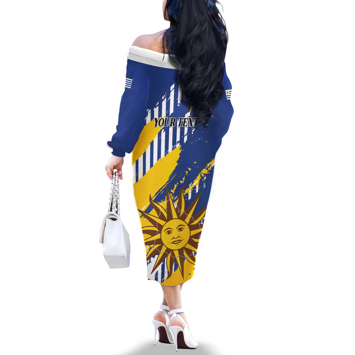 Personalized Uruguay 200th Independence Day Family Matching Off The Shoulder Long Sleeve Dress and Hawaiian Shirt Sol de Mayo Grunge Stylized - Wonder Print Shop