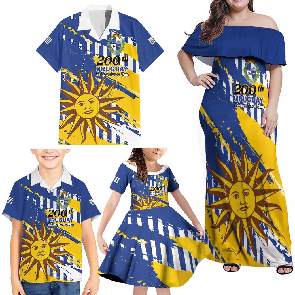 Personalized Uruguay 200th Independence Day Family Matching Off Shoulder Maxi Dress and Hawaiian Shirt Sol de Mayo Grunge Stylized - Wonder Print Shop