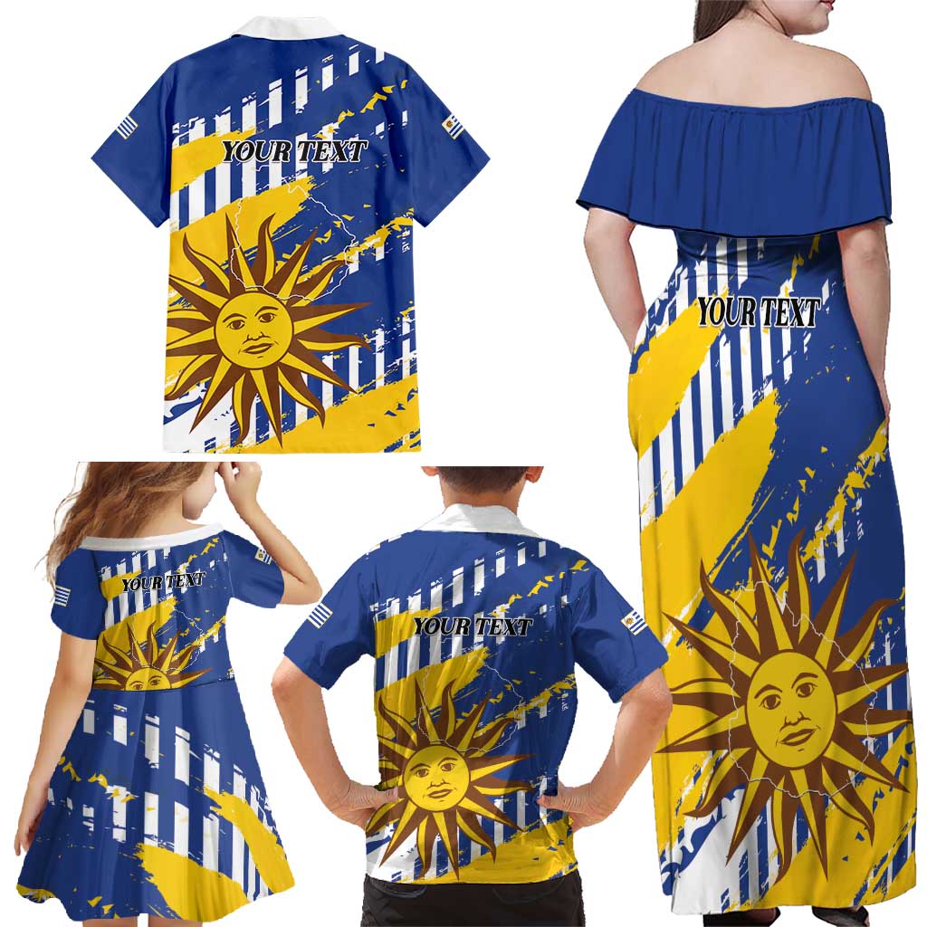 Personalized Uruguay 200th Independence Day Family Matching Off Shoulder Maxi Dress and Hawaiian Shirt Sol de Mayo Grunge Stylized - Wonder Print Shop