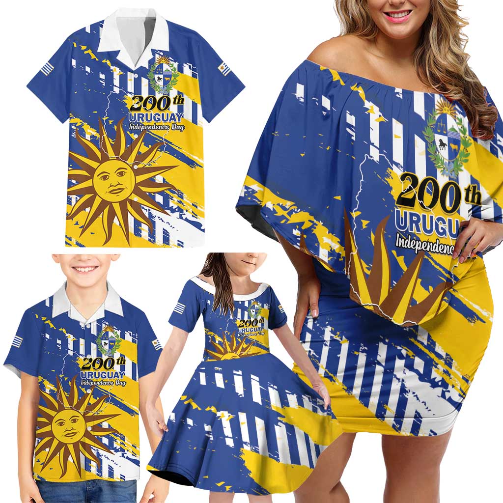 Personalized Uruguay 200th Independence Day Family Matching Off Shoulder Short Dress and Hawaiian Shirt Sol de Mayo Grunge Stylized - Wonder Print Shop