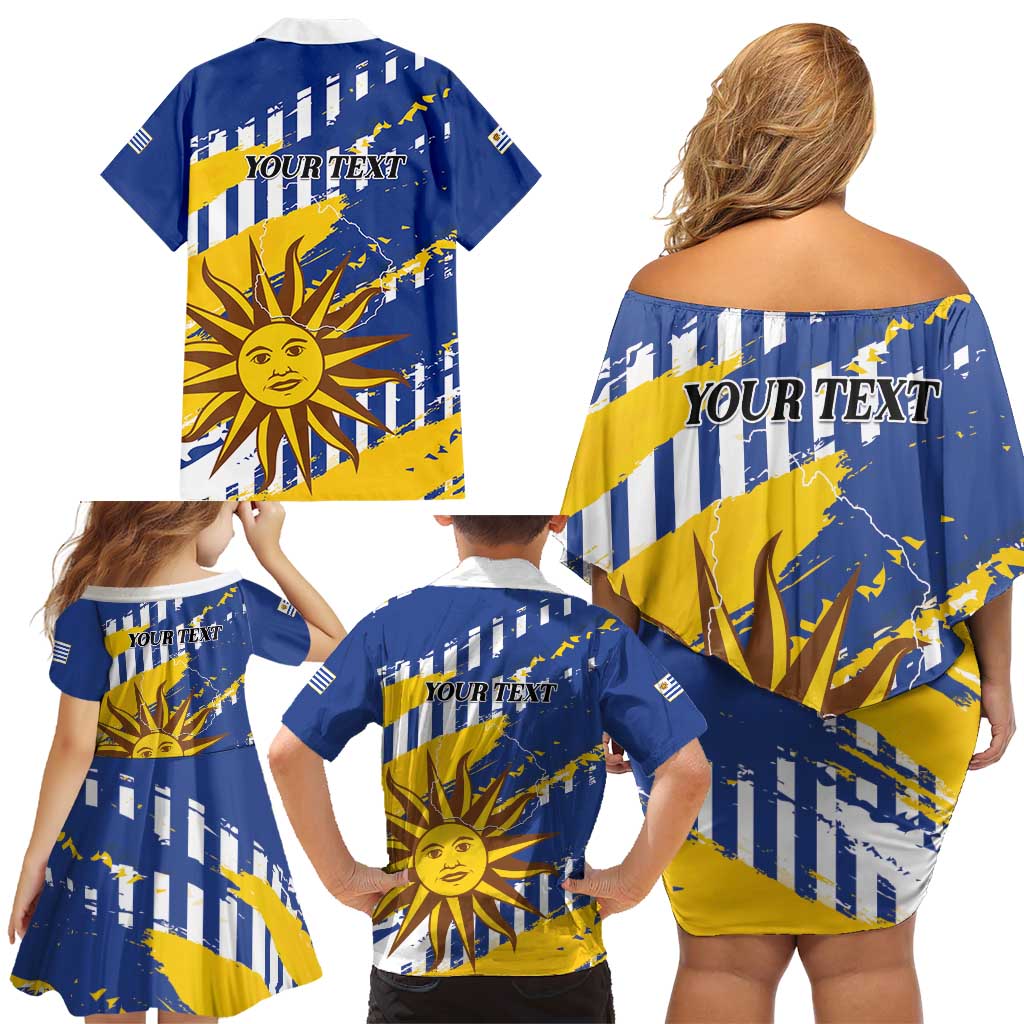 Personalized Uruguay 200th Independence Day Family Matching Off Shoulder Short Dress and Hawaiian Shirt Sol de Mayo Grunge Stylized - Wonder Print Shop
