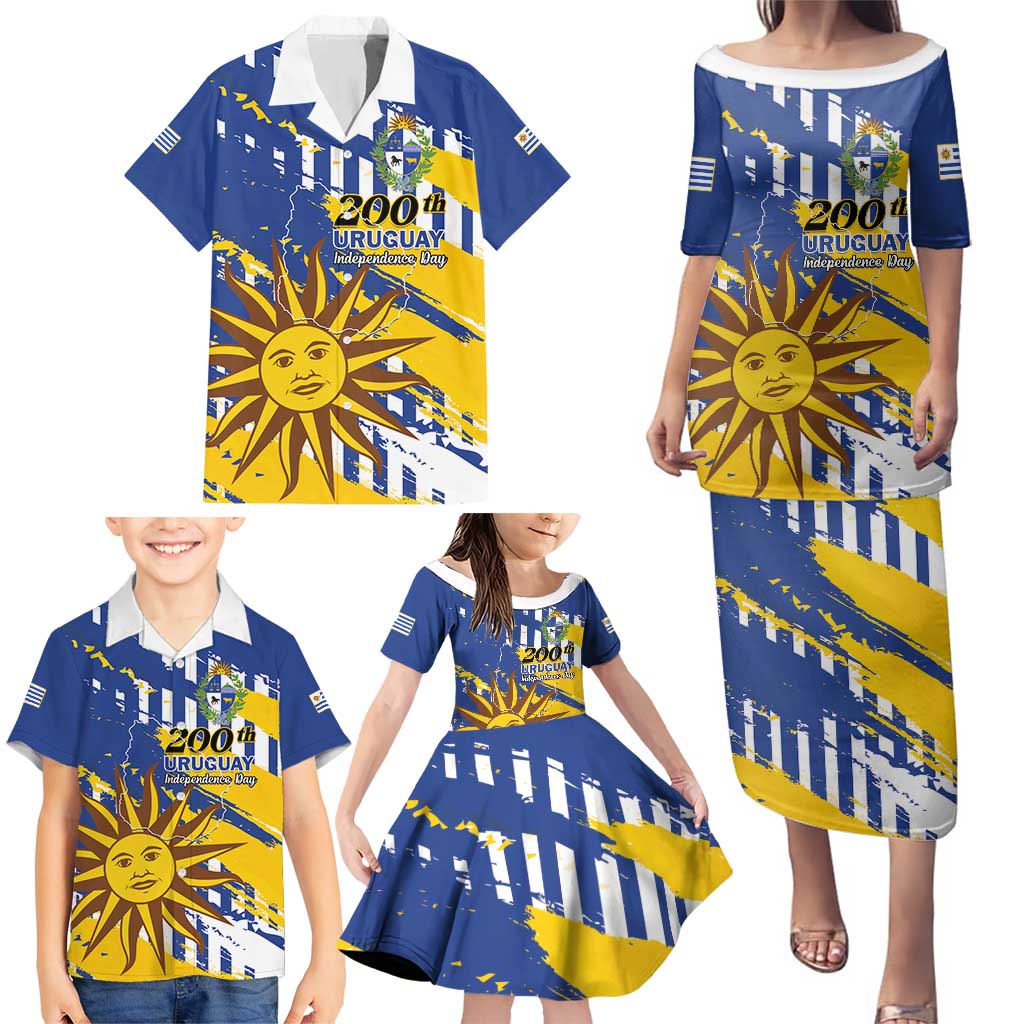 Personalized Uruguay 200th Independence Day Family Matching Puletasi and Hawaiian Shirt Sol de Mayo Grunge Stylized - Wonder Print Shop