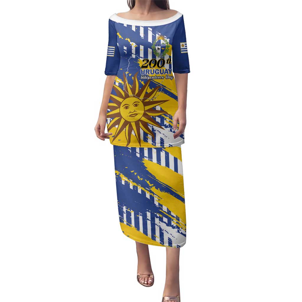 Personalized Uruguay 200th Independence Day Family Matching Puletasi and Hawaiian Shirt Sol de Mayo Grunge Stylized - Wonder Print Shop