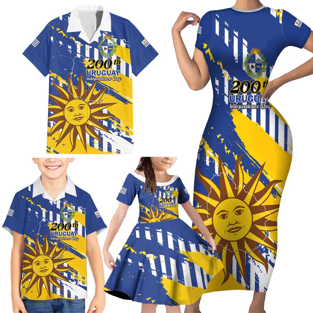 Personalized Uruguay 200th Independence Day Family Matching Short Sleeve Bodycon Dress and Hawaiian Shirt Sol de Mayo Grunge Stylized - Wonder Print Shop