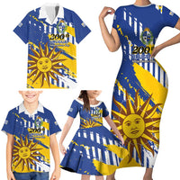 Personalized Uruguay 200th Independence Day Family Matching Short Sleeve Bodycon Dress and Hawaiian Shirt Sol de Mayo Grunge Stylized - Wonder Print Shop