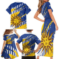 Personalized Uruguay 200th Independence Day Family Matching Short Sleeve Bodycon Dress and Hawaiian Shirt Sol de Mayo Grunge Stylized - Wonder Print Shop