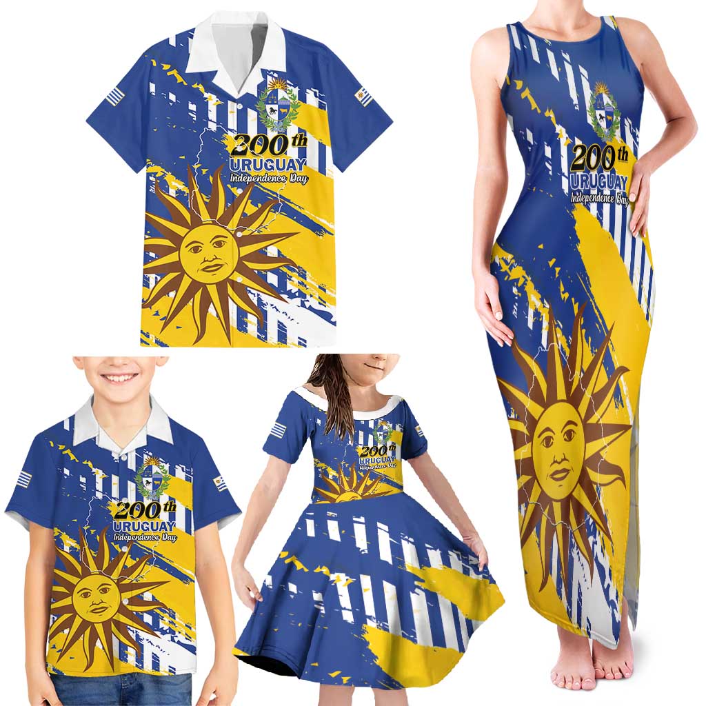 Personalized Uruguay 200th Independence Day Family Matching Tank Maxi Dress and Hawaiian Shirt Sol de Mayo Grunge Stylized - Wonder Print Shop