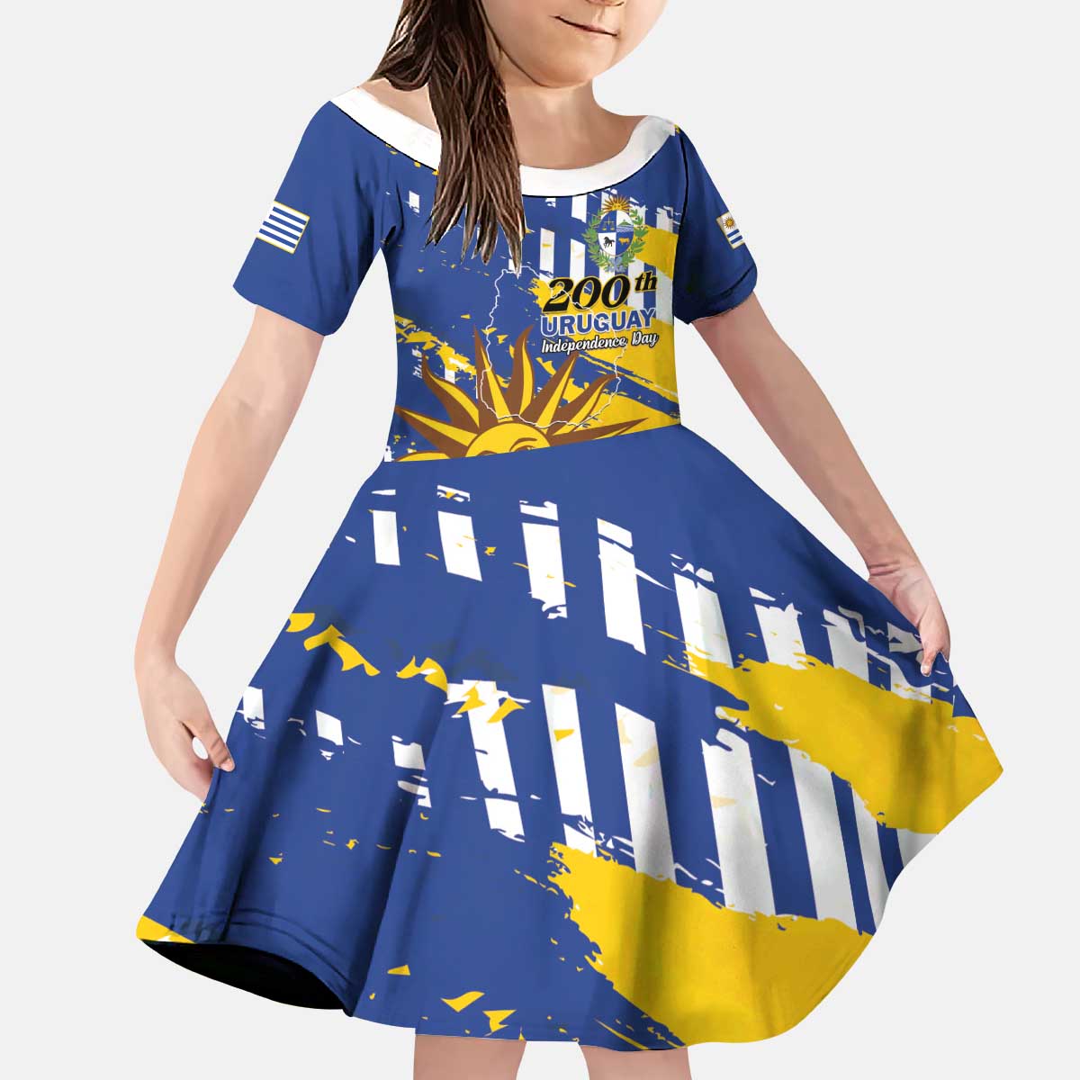 Personalized Uruguay 200th Independence Day Kid Short Sleeve Dress Sol de Mayo Grunge Stylized - Wonder Print Shop
