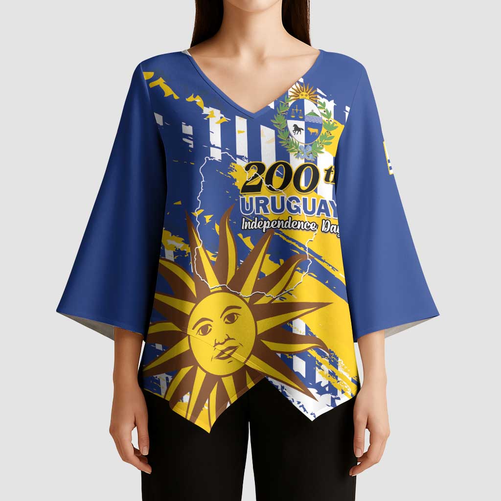 Personalized Uruguay 200th Independence Day Kimono Sleeve Blouse Sol de Mayo Grunge Stylized - Wonder Print Shop