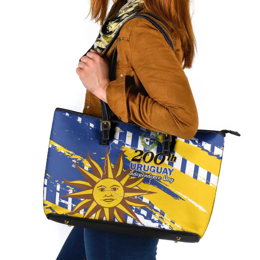 Uruguay 200th Independence Day Leather Tote Bag Sol de Mayo Grunge Stylized - Wonder Print Shop
