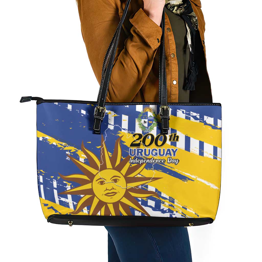 Uruguay 200th Independence Day Leather Tote Bag Sol de Mayo Grunge Stylized - Wonder Print Shop