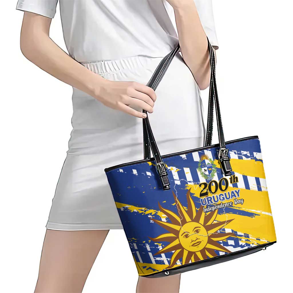 Uruguay 200th Independence Day Leather Tote Bag Sol de Mayo Grunge Stylized - Wonder Print Shop
