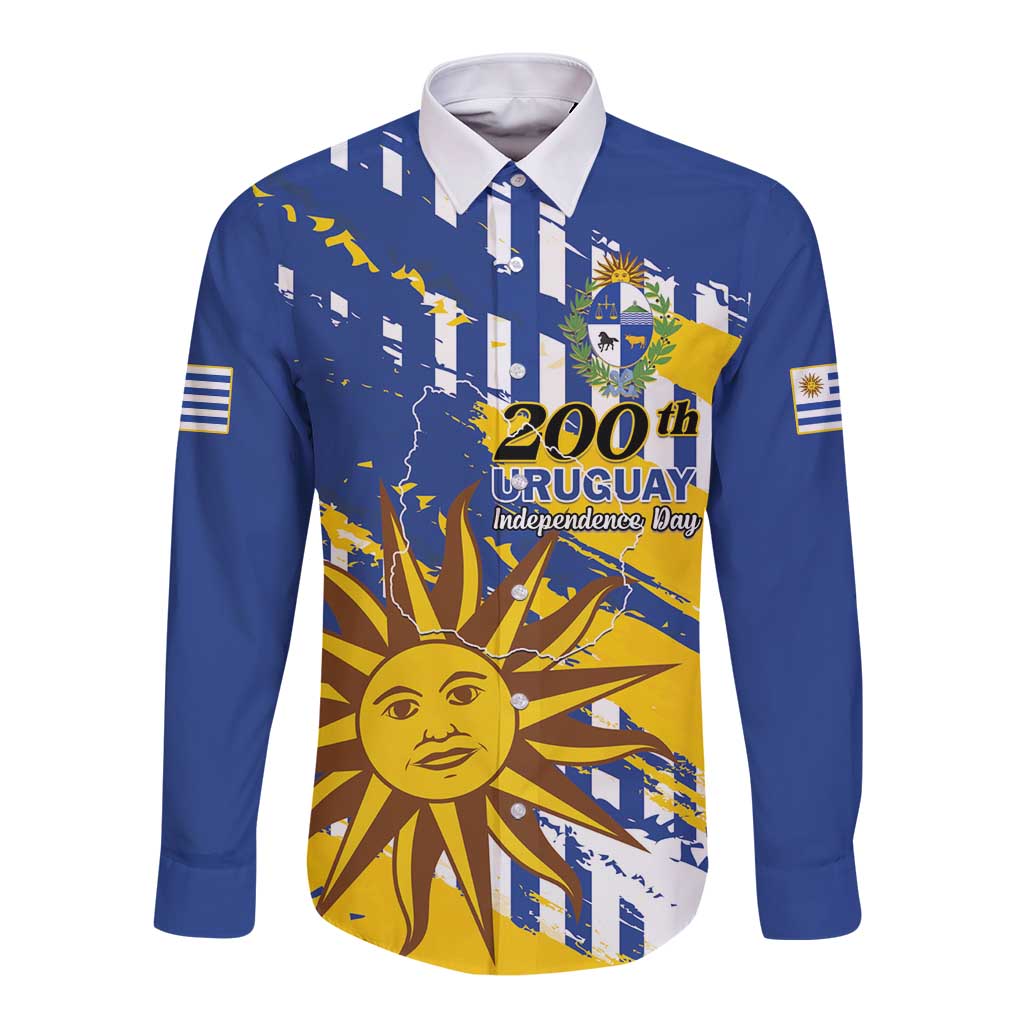 Personalized Uruguay 200th Independence Day Long Sleeve Button Shirt Sol de Mayo Grunge Stylized - Wonder Print Shop