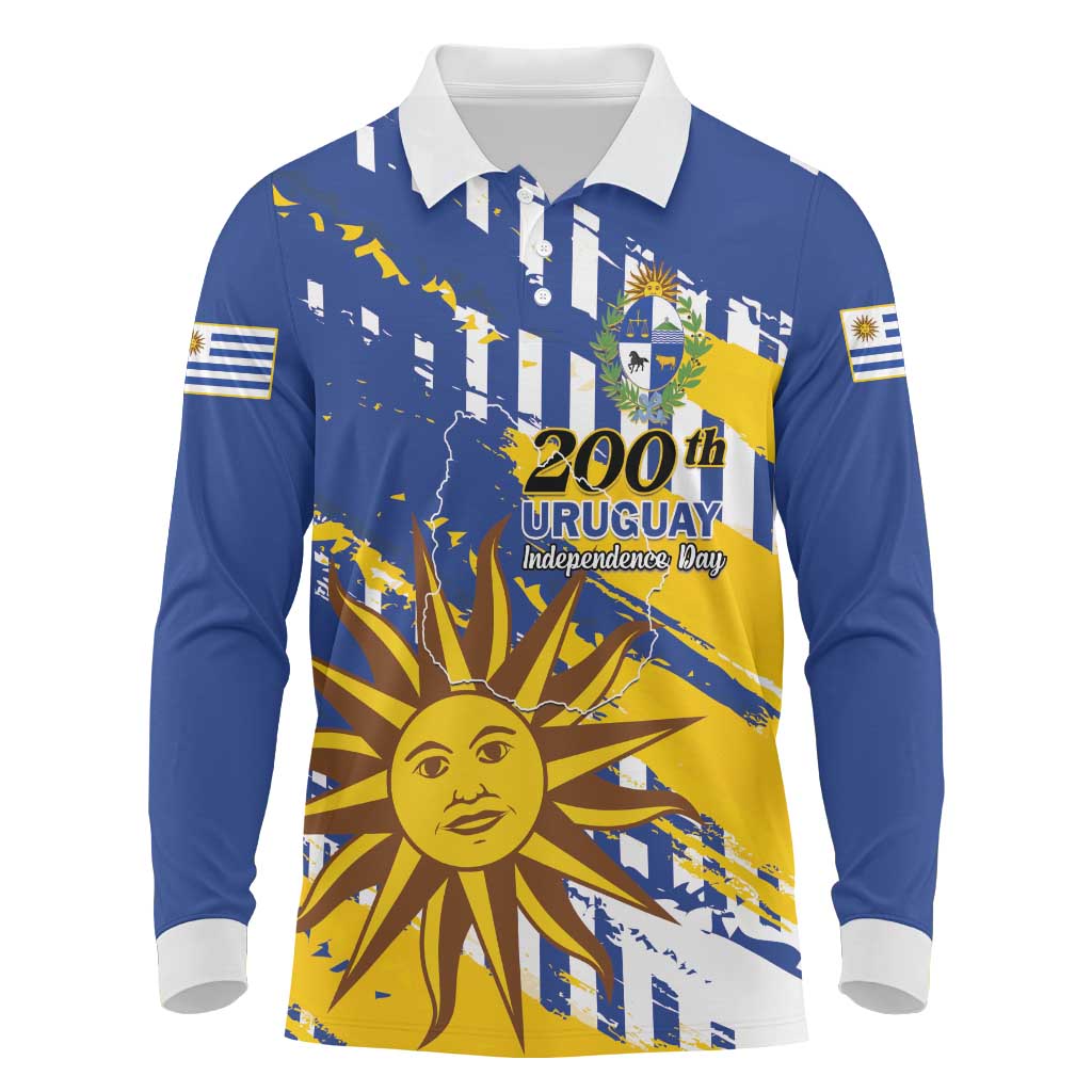 Personalized Uruguay 200th Independence Day Long Sleeve Polo Shirt Sol de Mayo Grunge Stylized - Wonder Print Shop