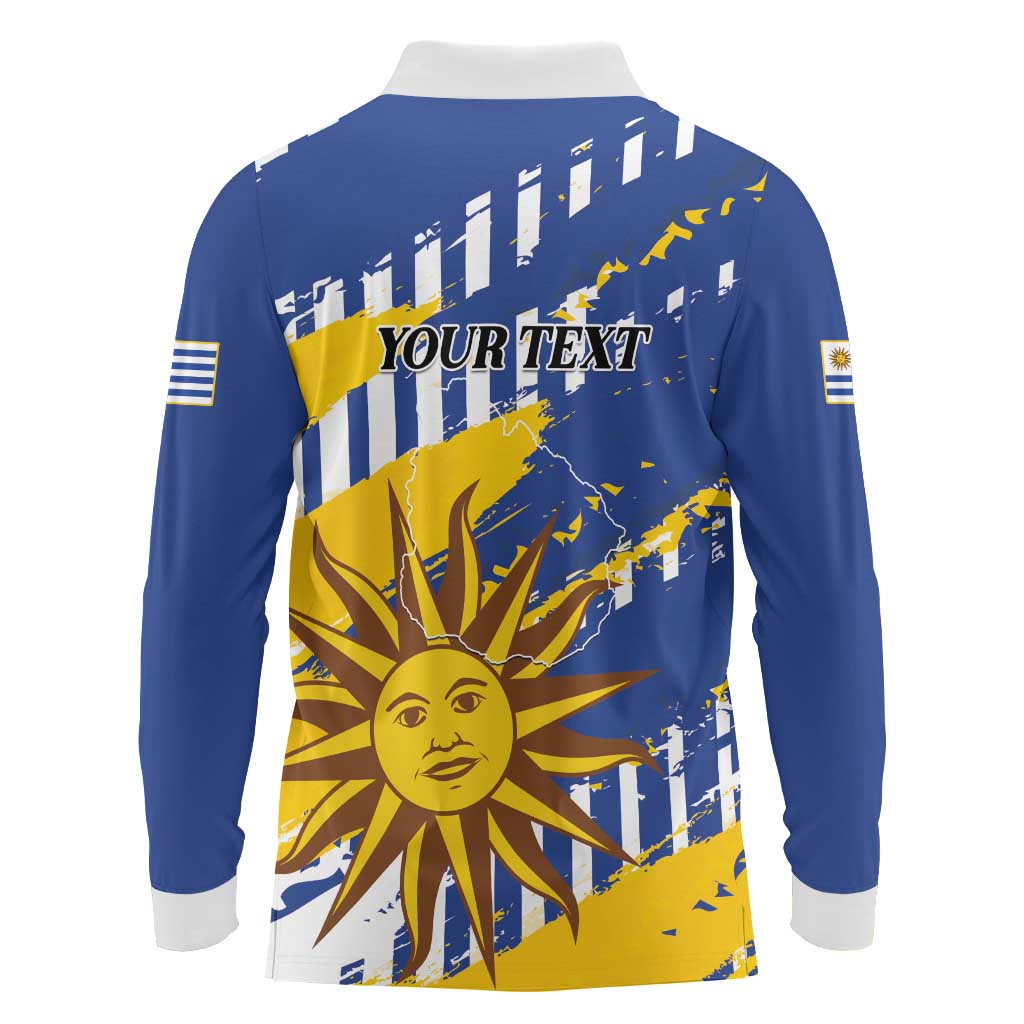Personalized Uruguay 200th Independence Day Long Sleeve Polo Shirt Sol de Mayo Grunge Stylized - Wonder Print Shop