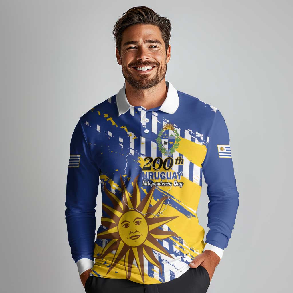 Personalized Uruguay 200th Independence Day Long Sleeve Polo Shirt Sol de Mayo Grunge Stylized - Wonder Print Shop