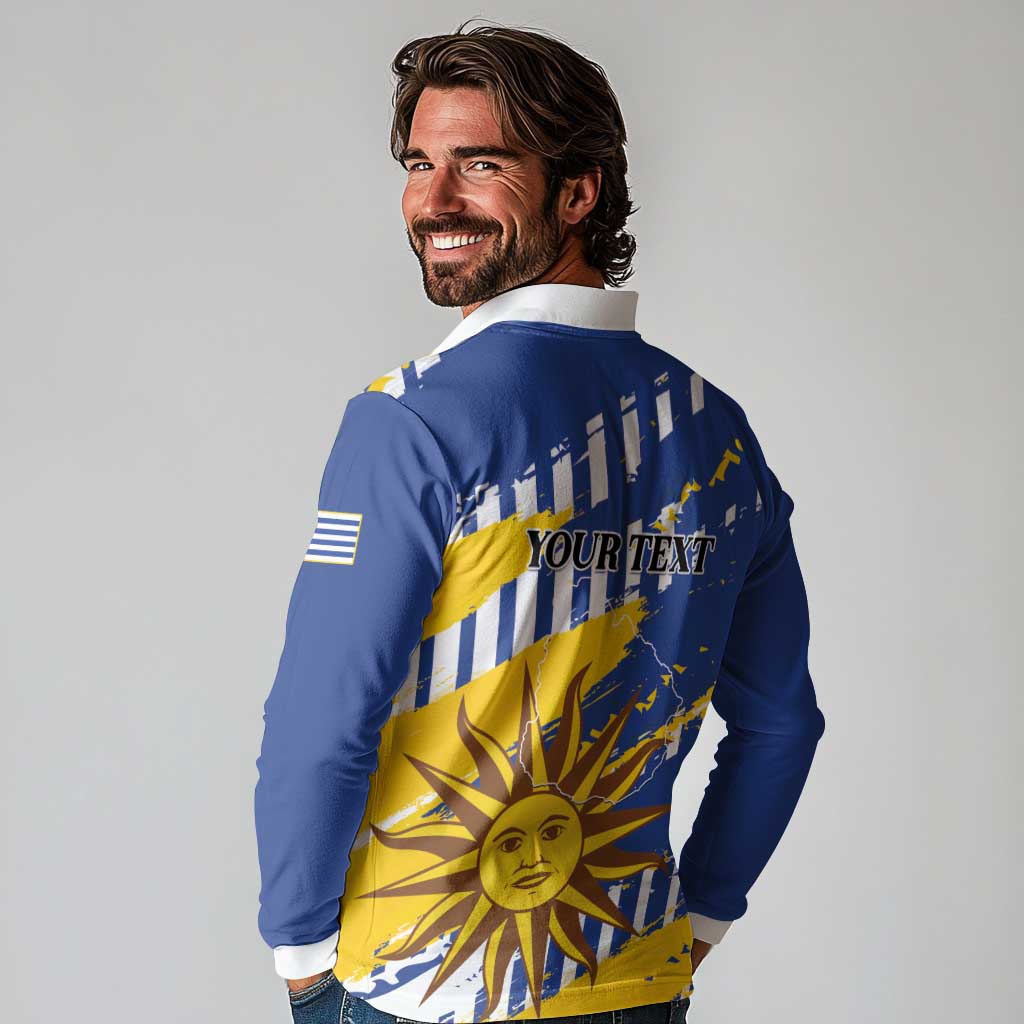 Personalized Uruguay 200th Independence Day Long Sleeve Polo Shirt Sol de Mayo Grunge Stylized - Wonder Print Shop