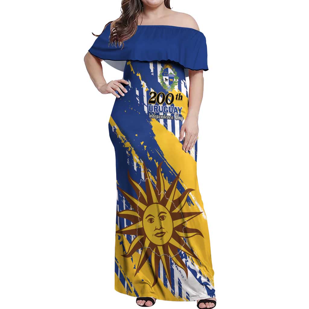 Personalized Uruguay 200th Independence Day Off Shoulder Maxi Dress Sol de Mayo Grunge Stylized - Wonder Print Shop