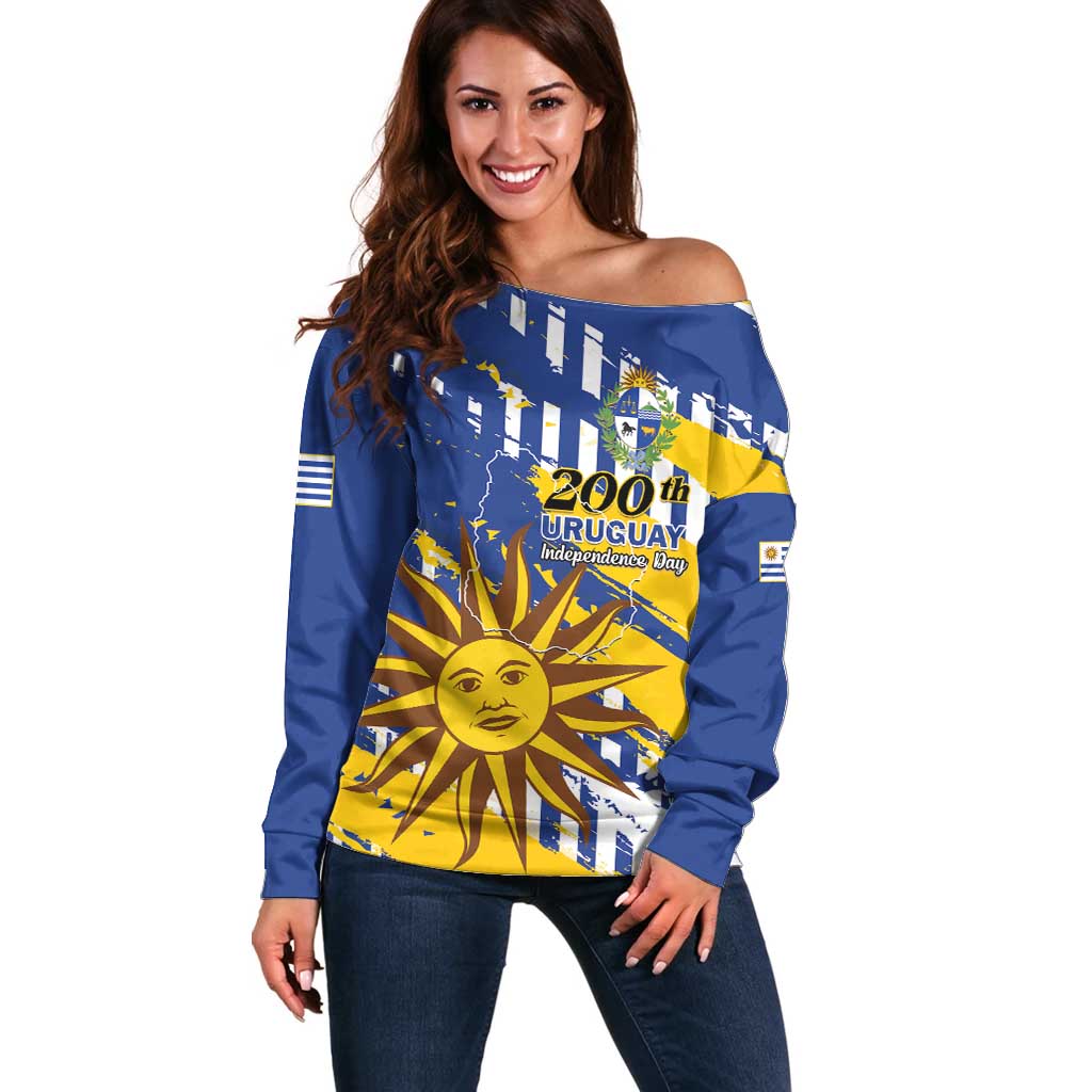 Personalized Uruguay 200th Independence Day Off Shoulder Sweater Sol de Mayo Grunge Stylized - Wonder Print Shop