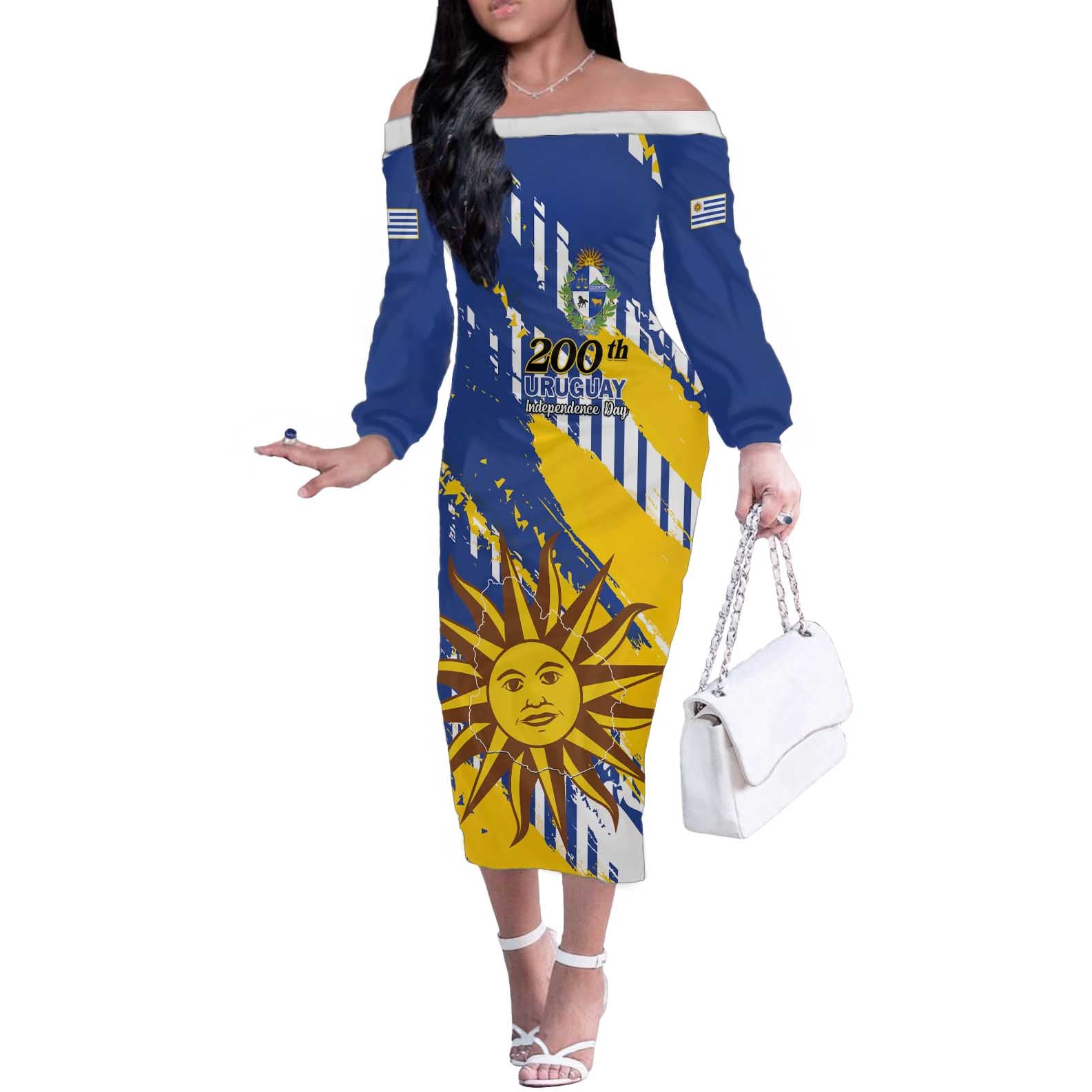 Personalized Uruguay 200th Independence Day Off The Shoulder Long Sleeve Dress Sol de Mayo Grunge Stylized - Wonder Print Shop