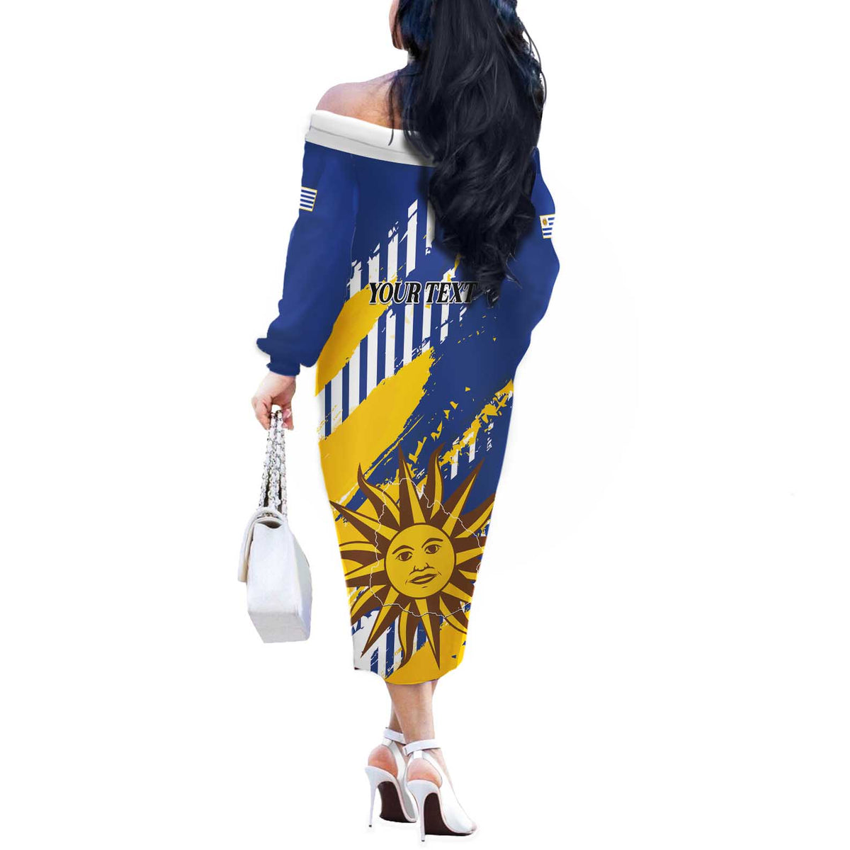 Personalized Uruguay 200th Independence Day Off The Shoulder Long Sleeve Dress Sol de Mayo Grunge Stylized - Wonder Print Shop