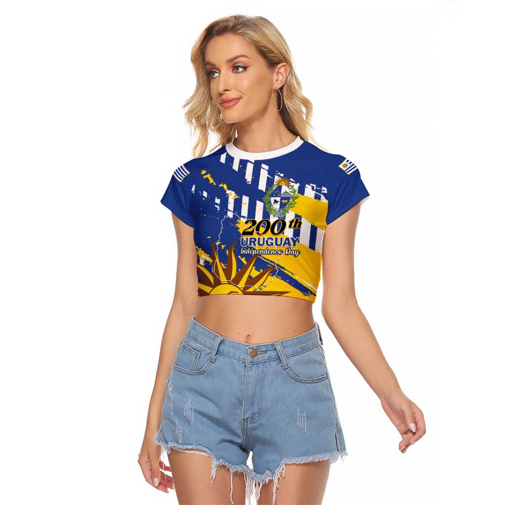 Personalized Uruguay 200th Independence Day Raglan Cropped T Shirt Sol de Mayo Grunge Stylized - Wonder Print Shop