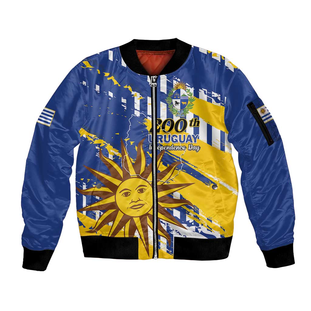 Personalized Uruguay 200th Independence Day Sleeve Zip Bomber Jacket Sol de Mayo Grunge Stylized - Wonder Print Shop