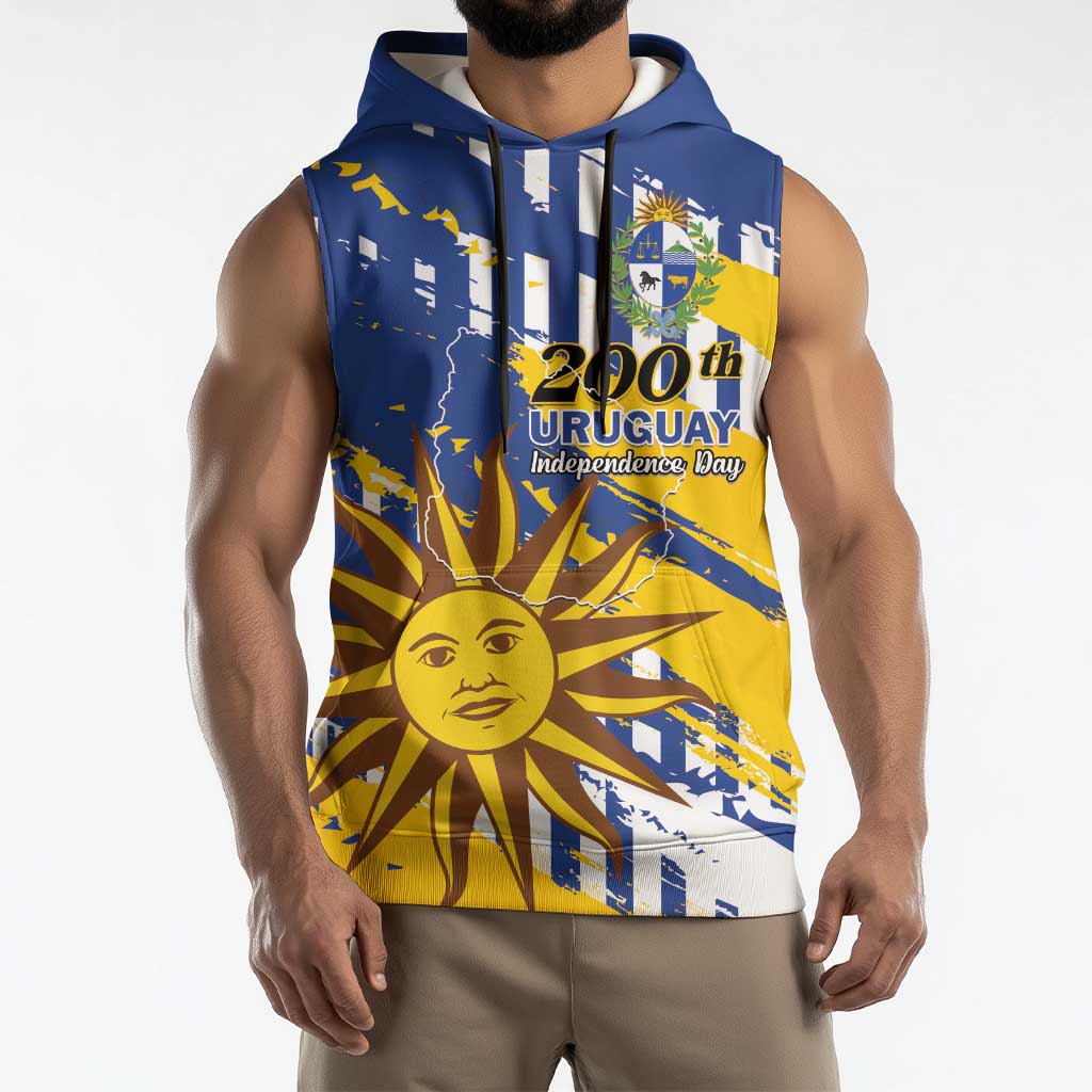 Personalized Uruguay 200th Independence Day Sleeveless Hoodie Sol de Mayo Grunge Stylized - Wonder Print Shop