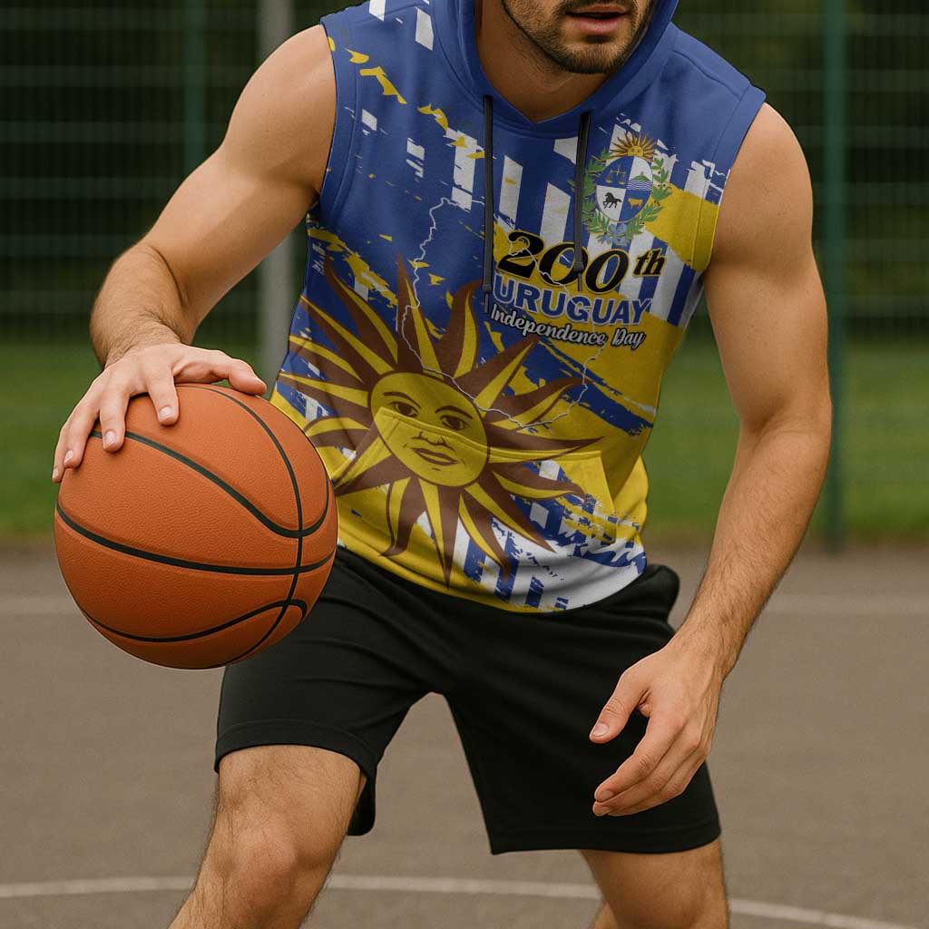 Personalized Uruguay 200th Independence Day Sleeveless Hoodie Sol de Mayo Grunge Stylized - Wonder Print Shop