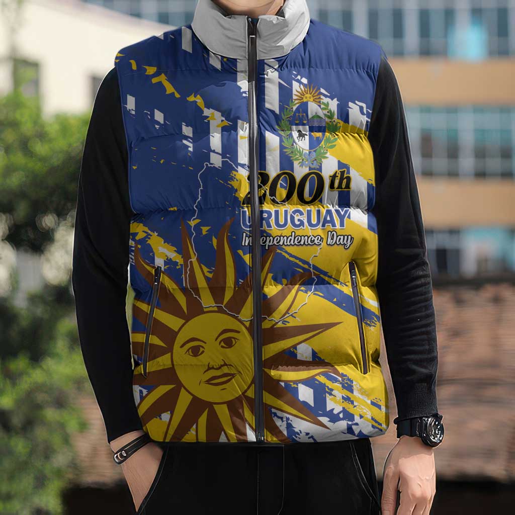 Personalized Uruguay 200th Independence Day Sleeveless Puffer Jacket Sol de Mayo Grunge Stylized - Wonder Print Shop