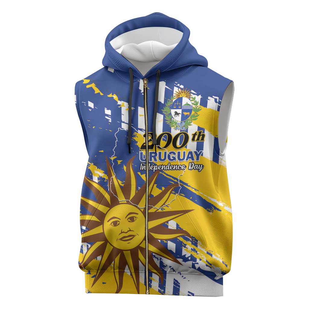 Personalized Uruguay 200th Independence Day Sleeveless Zip Hoodie Sol de Mayo Grunge Stylized - Wonder Print Shop