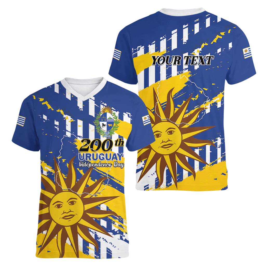 Personalized Uruguay 200th Independence Day Women V-Neck T-Shirt Sol de Mayo Grunge Stylized - Wonder Print Shop