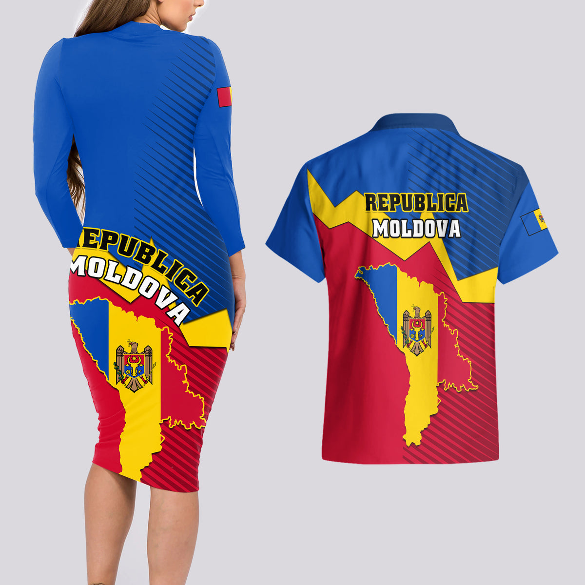 Moldova Independence Day Couples Matching Long Sleeve Bodycon Dress and Hawaiian Shirt Coat of Arms Special Version - Wonder Print Shop