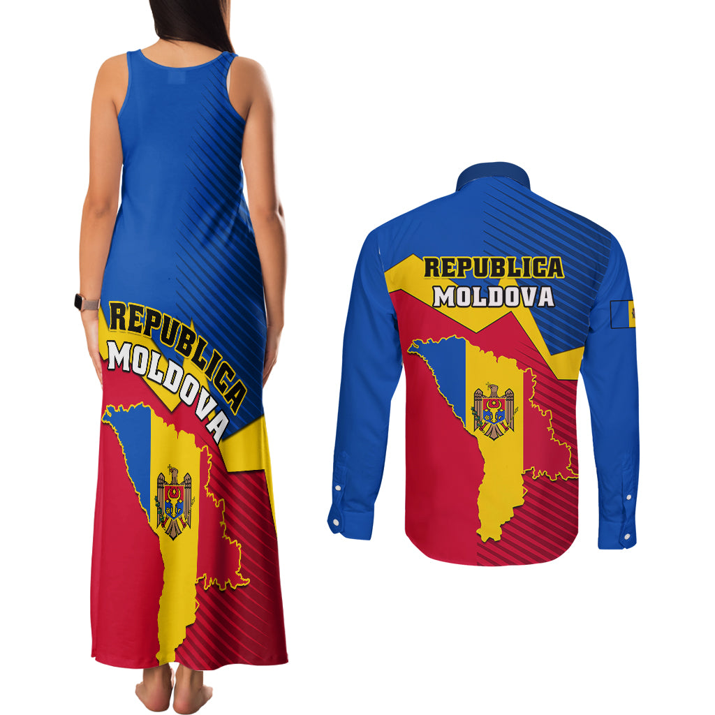 Moldova Independence Day Couples Matching Tank Maxi Dress and Long Sleeve Button Shirts Coat of Arms Special Version - Wonder Print Shop