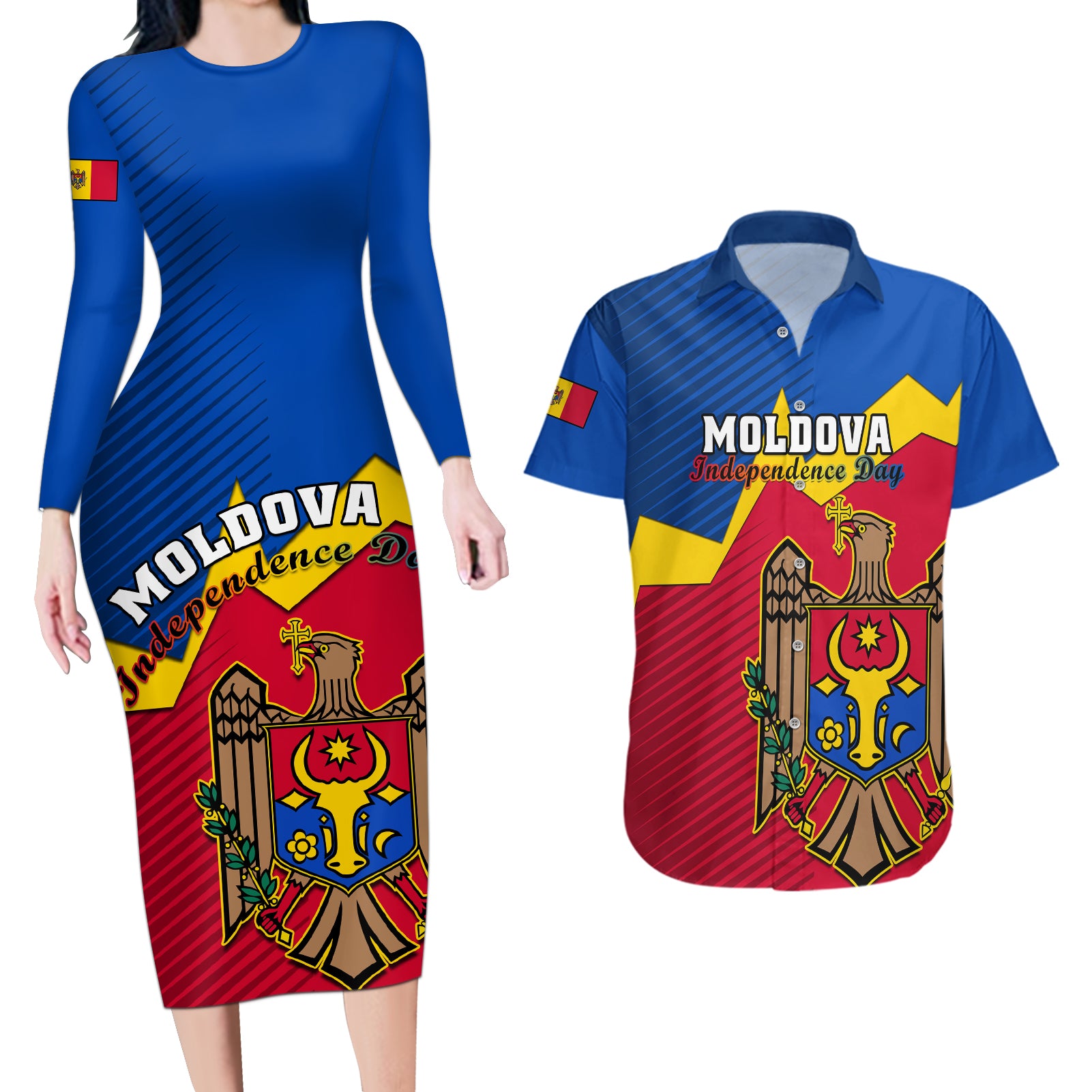 personalised-moldova-independence-day-couples-matching-long-sleeve-bodycon-dress-and-hawaiian-shirt-coat-of-arms-special-version