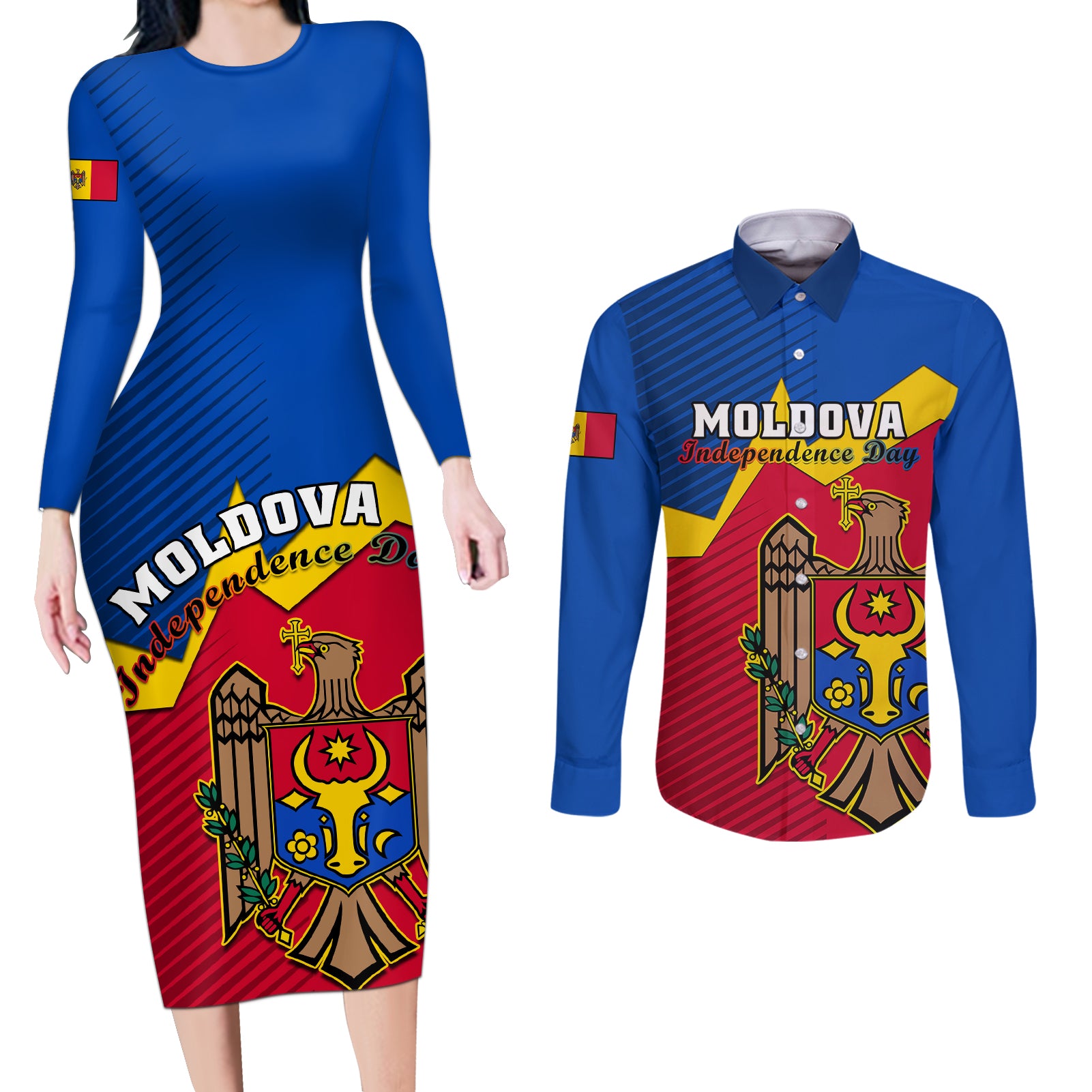 personalised-moldova-independence-day-couples-matching-long-sleeve-bodycon-dress-and-long-sleeve-button-shirts-coat-of-arms-special-version