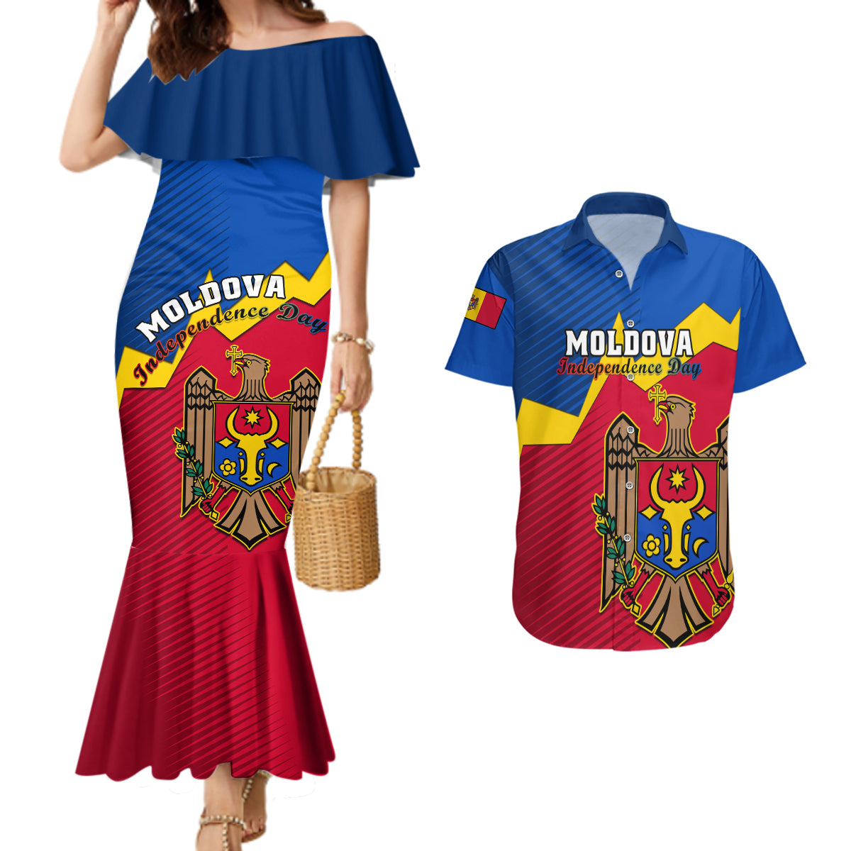 personalised-moldova-independence-day-couples-matching-mermaid-dress-and-hawaiian-shirt-coat-of-arms-special-version