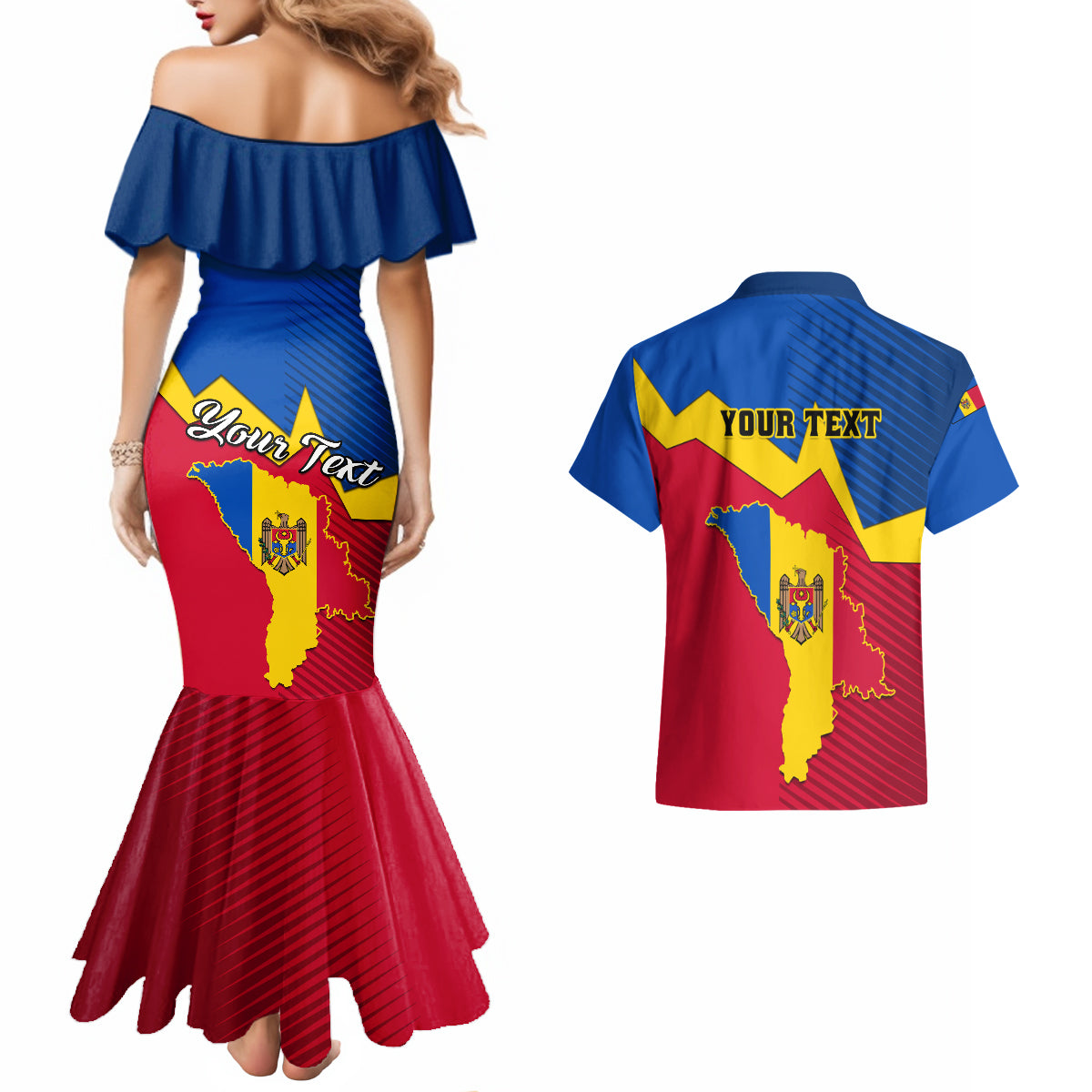 Personalised Moldova Independence Day Couples Matching Mermaid Dress and Hawaiian Shirt Coat of Arms Special Version - Wonder Print Shop