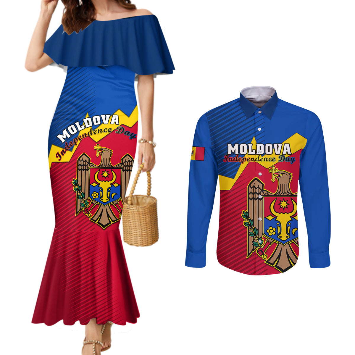 personalised-moldova-independence-day-couples-matching-mermaid-dress-and-long-sleeve-button-shirts-coat-of-arms-special-version