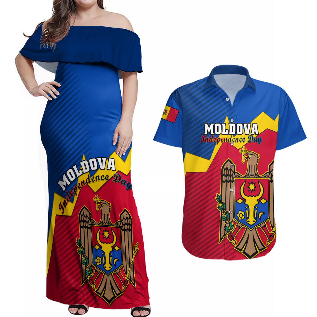 personalised-moldova-independence-day-couples-matching-off-shoulder-maxi-dress-and-hawaiian-shirt-coat-of-arms-special-version